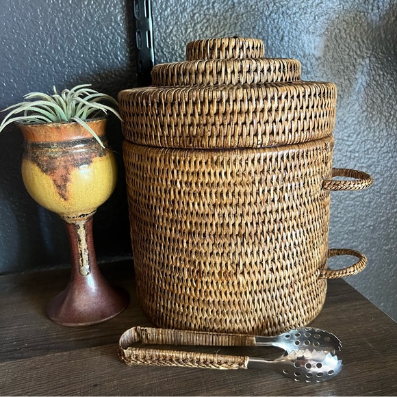 Vintage MCM Woven Rattan Ice Bucket & Tongs Cool Tiki Summer Barware 9.5" H - Picture 1 of 6